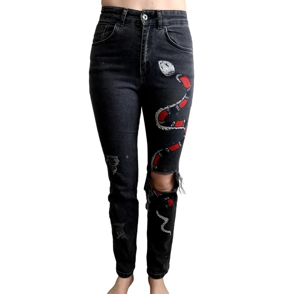 The Ragged Priest Grey Denim Custom Red and Black Snake Design Size 26